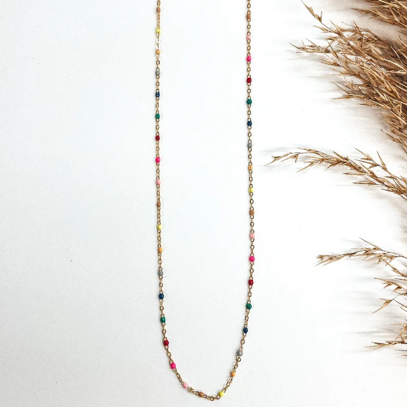 36 Inch Gold Necklace with Multicolored Beads