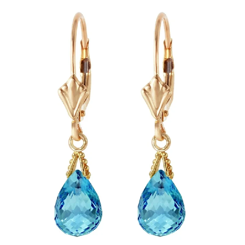 4.5 Carat 14K Solid Gold Leverback Earrings Briolette Blue Topaz