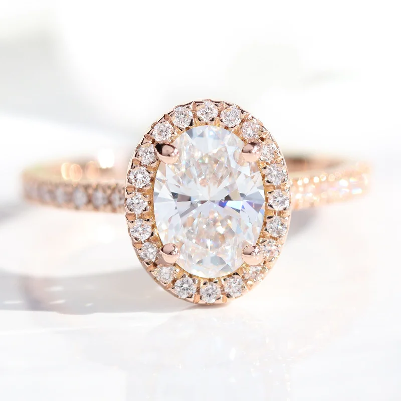 Oval Lab Diamond Ring Pave Band w/ Natural Diamonds in Luna Halo Ring