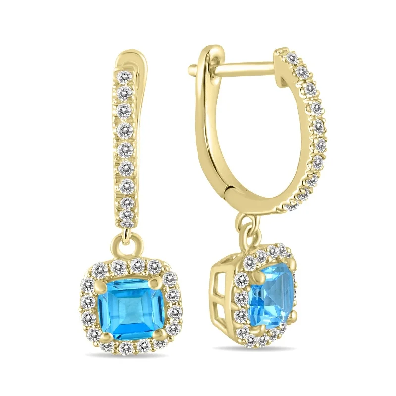 Marquee 1 Carat Blue Topaz and Diamond Halo Dangle Earrings in 10K Yellow Gold