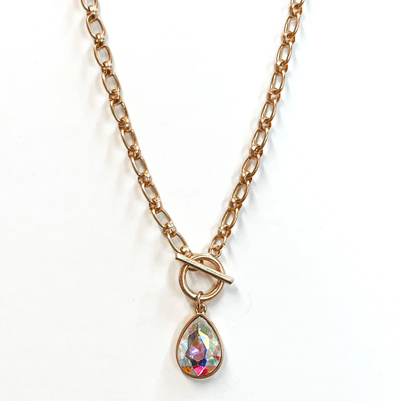 Pink Panache | Front Toggle Chain Necklace with Small AB Teardrop Crystal in Gold