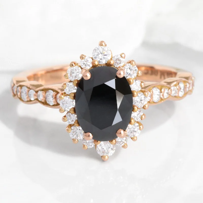 Oval Black Diamond Engagement Ring in Tiara Halo Diamond Scalloped Band