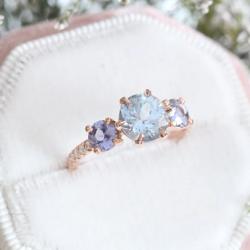 Aqua Blue Sapphire Engagement Ring in 14k Rose Gold 3 Stone Diamond Ring, Size 6.25