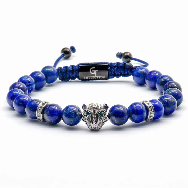 Men's LAPIS LAZULI Bracelet With Silver LEOPARD Head