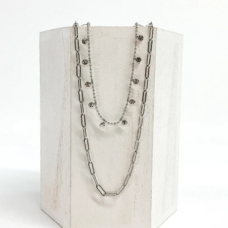 Double Layered Necklace with Tiny Sunburst Charm in Silver