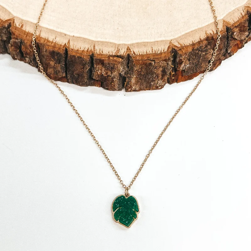 Druzy Palm Leaf Necklace in Gold