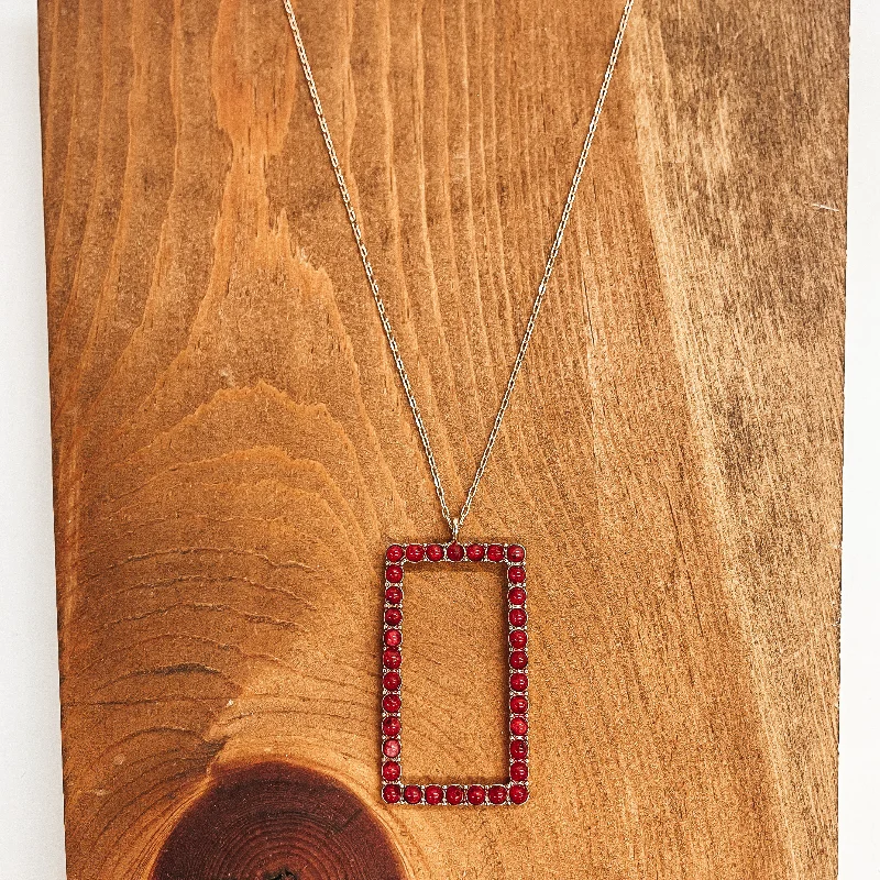 Long Gold Necklace with Open Rectangle Pendant in Burgundy