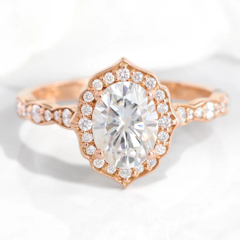 Oval Moissanite Engagement Ring in Vintage Floral Diamond Band