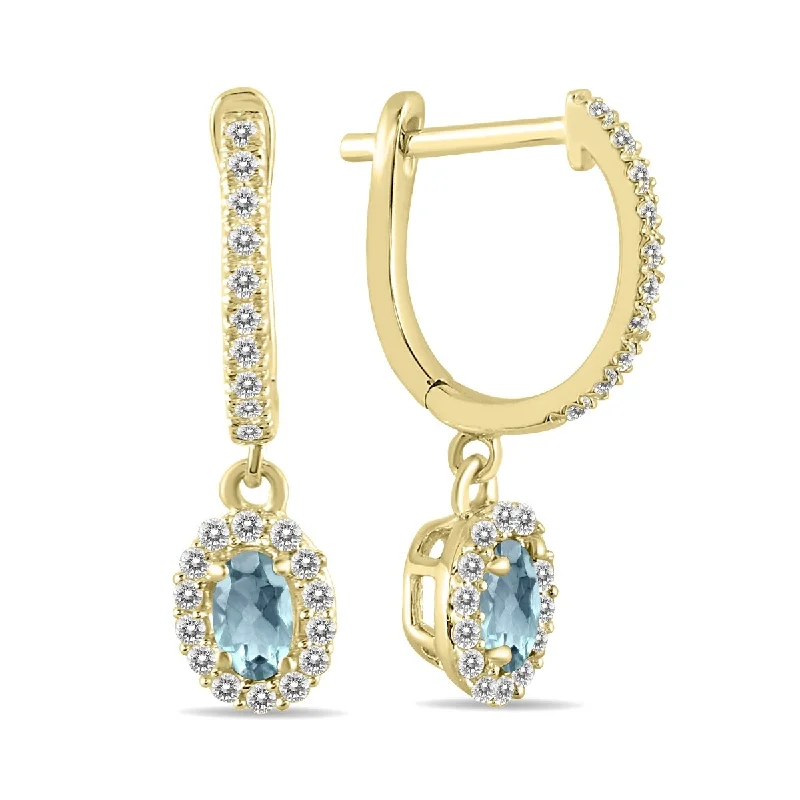 Marquee 1/2 Carat Oval Aquamarine and Diamond Halo Dangle Earrings in 10K Yellow Gold