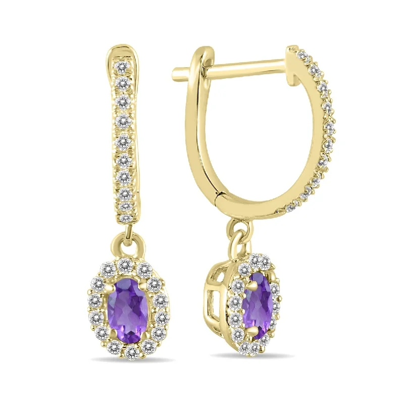 Marquee 1/2 Carat Oval Amethyst and Diamond Halo Dangle Earrings in 10K Yellow Gold