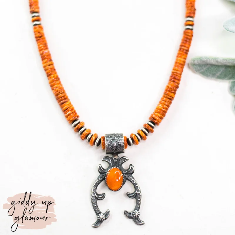 Kevin Billah | Navajo Handmade Sterling Silver Navajo Pearl & Orange Spiny Oyster Necklace with Naja Pendant