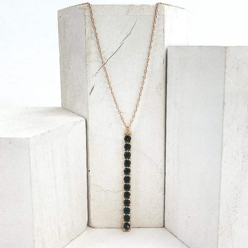 30 Inch Gold Rectangle Pendant Necklace with Black Crystal Beads