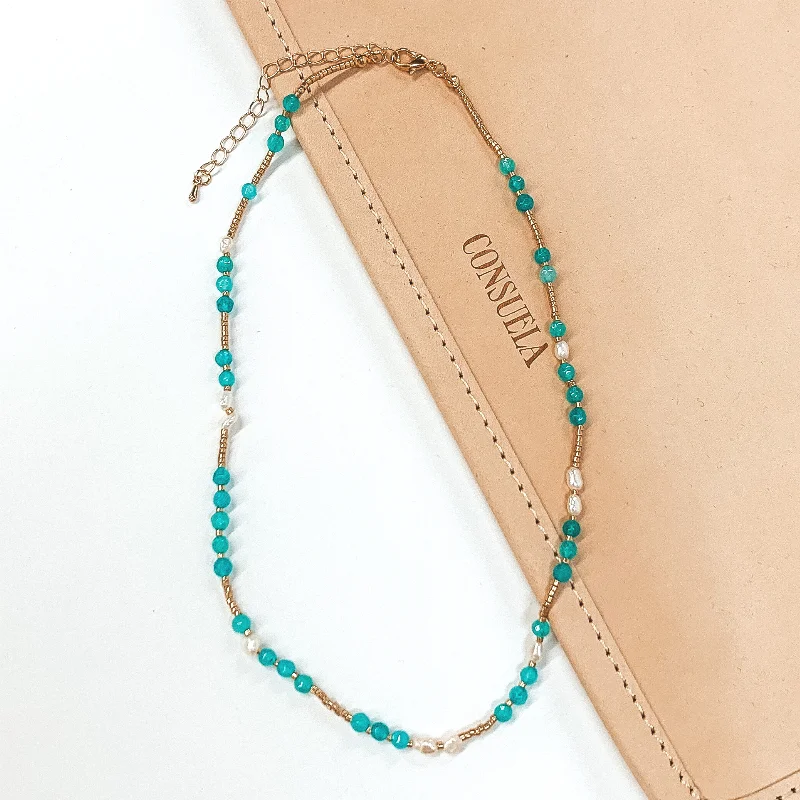 Turquoise Crystal and Pearl Beaded Necklace with Gold Bead Spacers