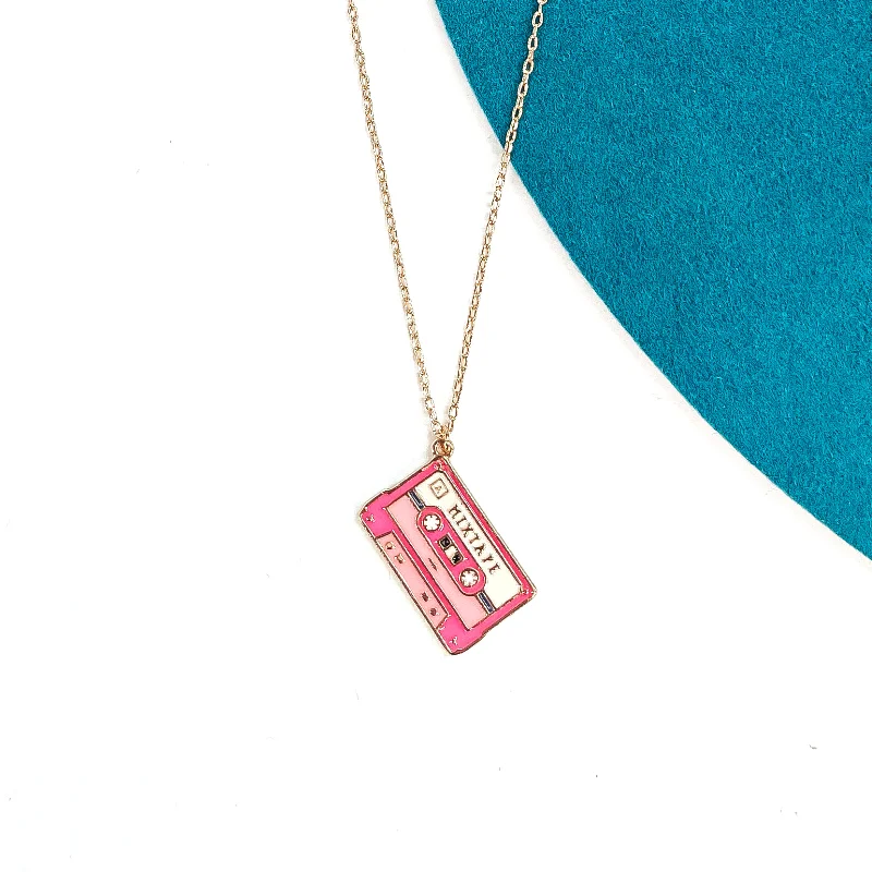 Hearing Music Gold Tone Necklace with Mixtape Pendant in Pink