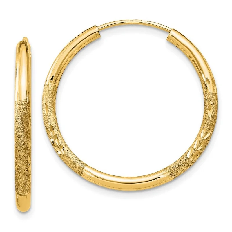 Curata 14k Yellow Gold Polished tube 2mm Satin Sparkle Cut Endless Hoop Earrings - 21x21mm Wide 2mm Thick