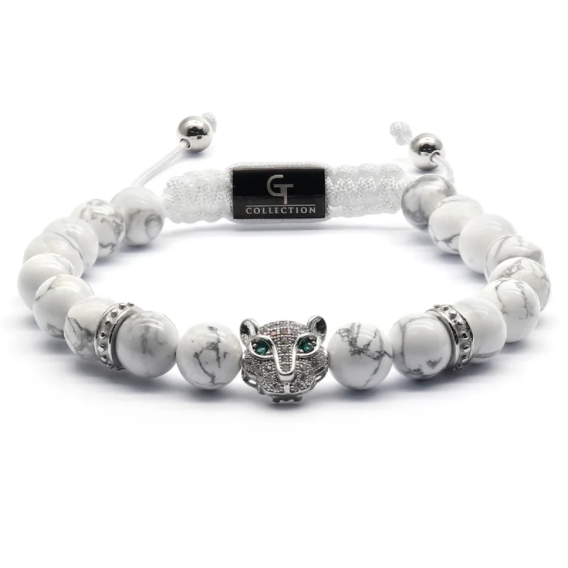 Men's WHITE HOWLITE Bracelet With Silver LEOPARD Head