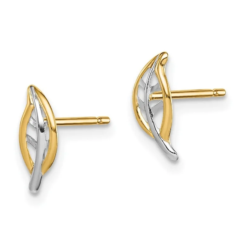 Curata 14k Yellow Gold and White Rhodium Leaf Post Earrings - 9.5mm