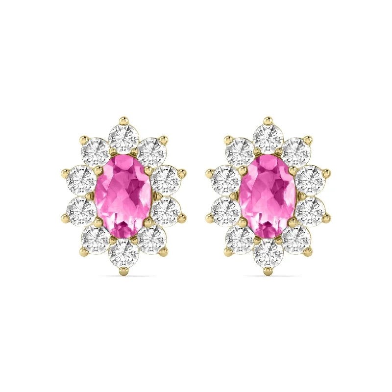 Marquee Oval Shape Pink Topaz and Diamond Flower Earrings in 14K Yellow Gold