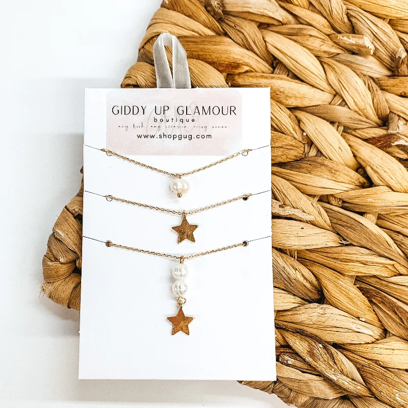 Set of Three | Gold Chain Necklace Set with Star and Pearl Charms