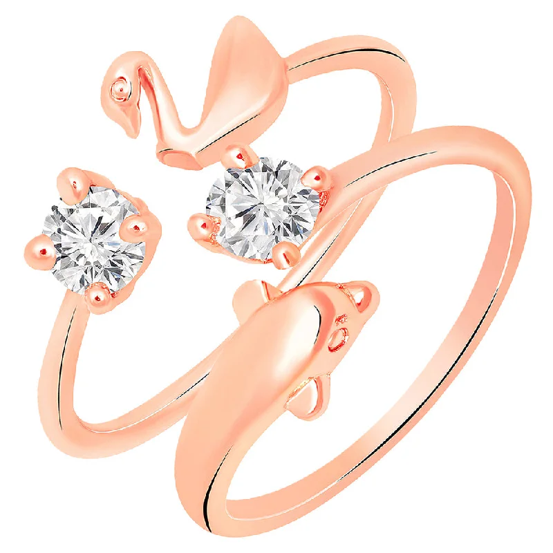 Mahi Rose Gold Plated Combo of Duck and Dolphin Shaped Adjustable Finger Ring with Cubic Zirconia for Women (CO1105441Z)