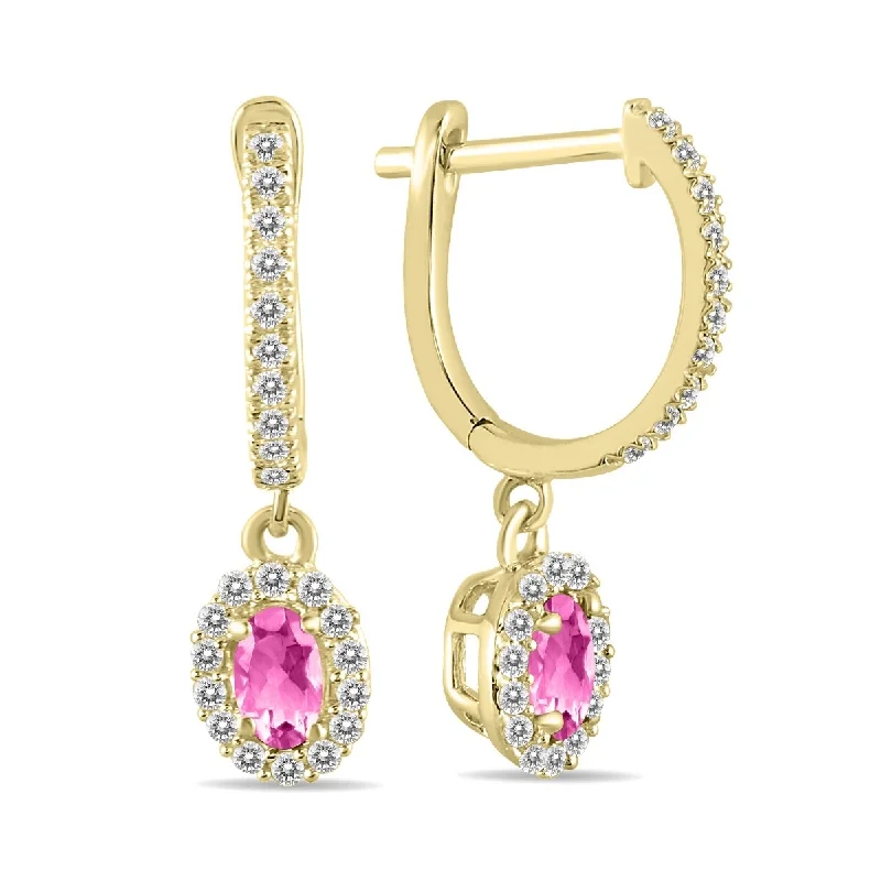 Marquee 1/2 Carat Oval Pink Topaz and Diamond Halo Dangle Earrings in 10K Yellow Gold