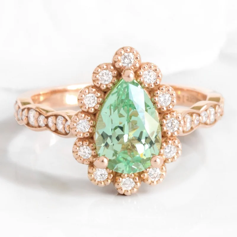 Pear Seafoam Green Sapphire Ring in Vintage Luna Halo Diamond Ring