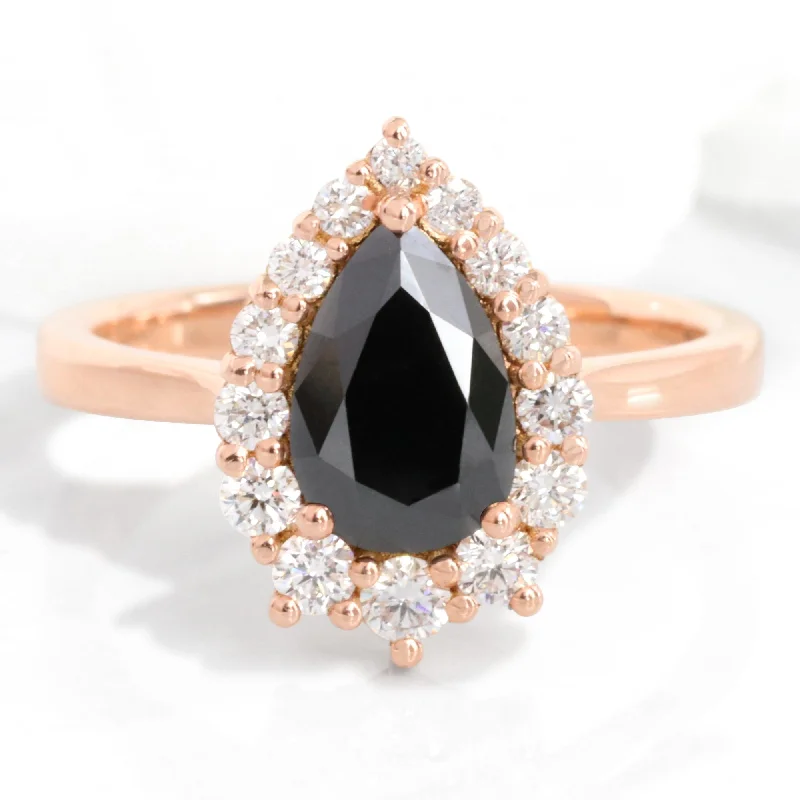 Large Pear Black Diamond Ring in Tiara Halo Diamond Tapered Band